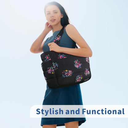 Puffer Tote Bag for Women, Lightweight Puffy Handbag with Compartments, Quilted Shoulder Bag for Work, Travel, Gym - Colors A