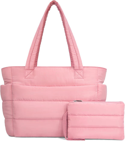 Puffer Tote Bag for Women, Lightweight Puffy Handbag with Compartments, Quilted Shoulder Bag for Work, Travel, Gym - Colors A