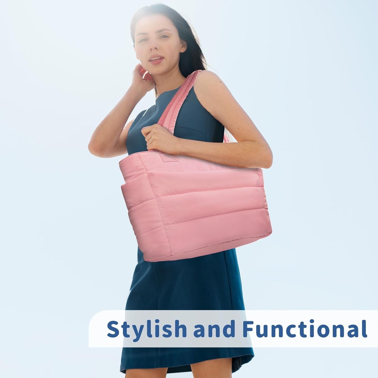 Puffer Tote Bag for Women, Lightweight Puffy Handbag with Compartments, Quilted Shoulder Bag for Work, Travel, Gym - Colors A