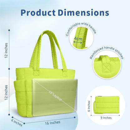 Puffer Tote Bag for Women, Lightweight Puffy Handbag with Compartments, Quilted Shoulder Bag for Work, Travel, Gym - Colors A