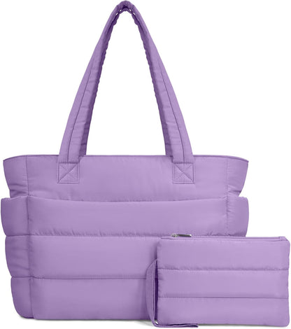 Puffer Tote Bag for Women, Lightweight Puffy Handbag with Compartments, Quilted Shoulder Bag for Work, Travel, Gym - Colors A