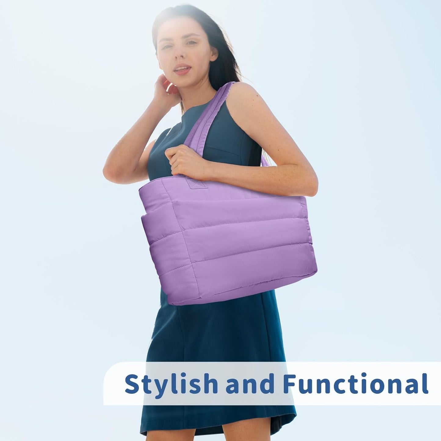 Puffer Tote Bag for Women, Lightweight Puffy Handbag with Compartments, Quilted Shoulder Bag for Work, Travel, Gym - Colors A