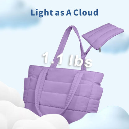 Puffer Tote Bag for Women, Lightweight Puffy Handbag with Compartments, Quilted Shoulder Bag for Work, Travel, Gym - Colors A