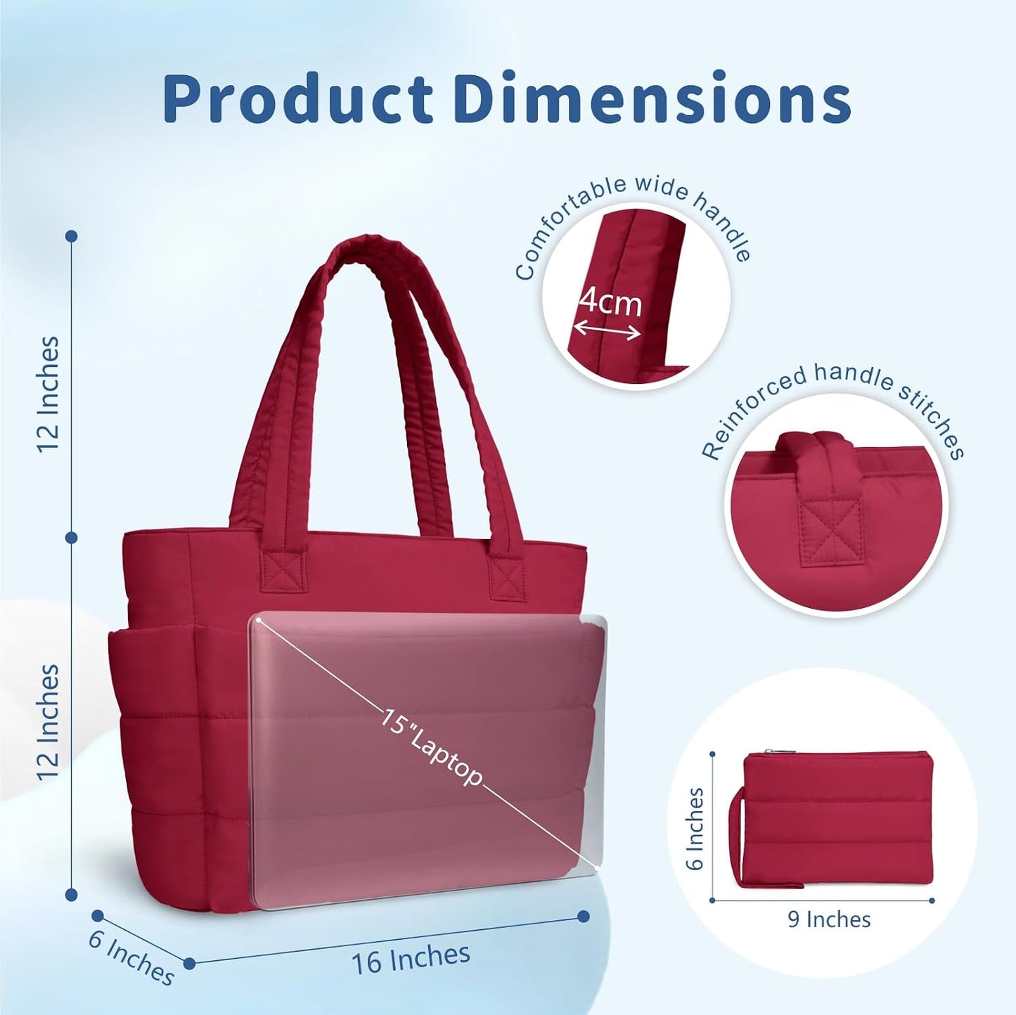Puffer Tote Bag for Women, Lightweight Puffy Handbag with Compartments, Quilted Shoulder Bag for Work, Travel, Gym - Colors A
