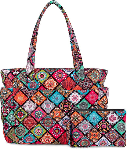 Puffer Tote Bag for Women, Lightweight Puffy Handbag with Compartments, Quilted Shoulder Bag for Work, Travel, Gym - Colors A