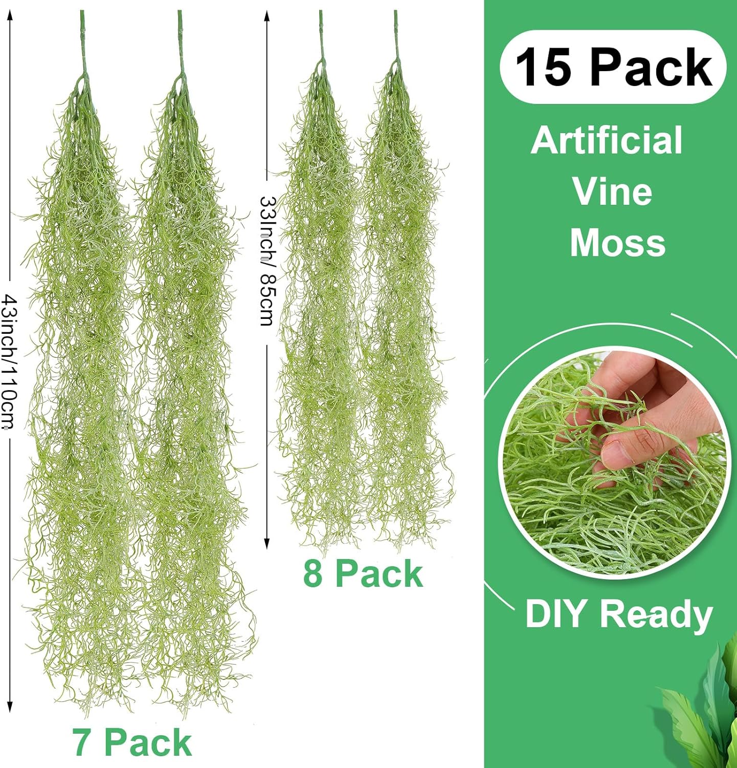 15 Pcs Spanish Moss Faux Hanging Moss Garland Fake Greenery Artificial Decor for Crafts(43 Inch,Green)