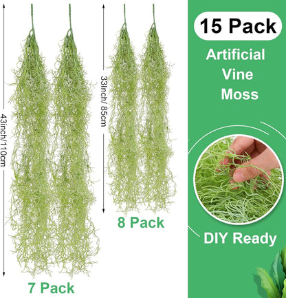 15 Pcs Spanish Moss Faux Hanging Moss Garland Fake Greenery Artificial Decor for Crafts(43 Inch,Green)