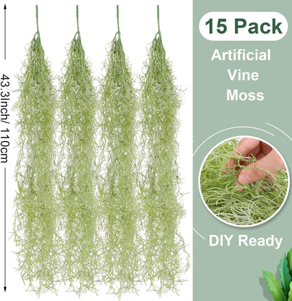 15 Pcs Spanish Moss Faux Hanging Moss Garland Fake Greenery Artificial Decor for Crafts(43 Inch,Green)
