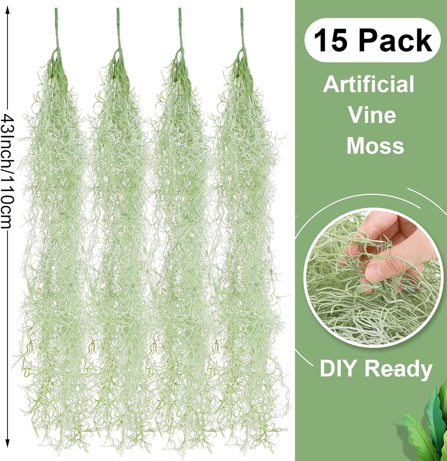 15 Pcs Spanish Moss Faux Hanging Moss Garland Fake Greenery Artificial Decor for Crafts(43 Inch,Green)