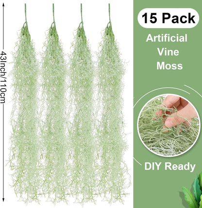 15 Pcs Spanish Moss Faux Hanging Moss Garland Fake Greenery Artificial Decor for Crafts(43 Inch,Green)