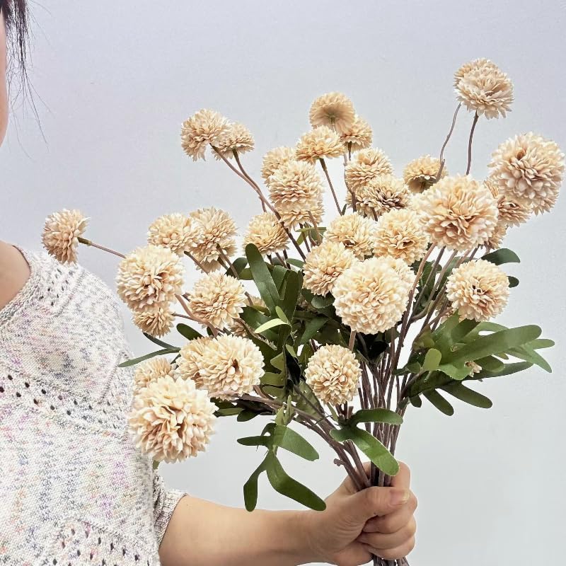 20.5“Silk Flowers with Stems Plastic Flower,Chrysanthemum Flowers Artificial Dandelion,Faux Flower Stems for Wedding Outdoors Party Garden Home Decor (6, Beige)