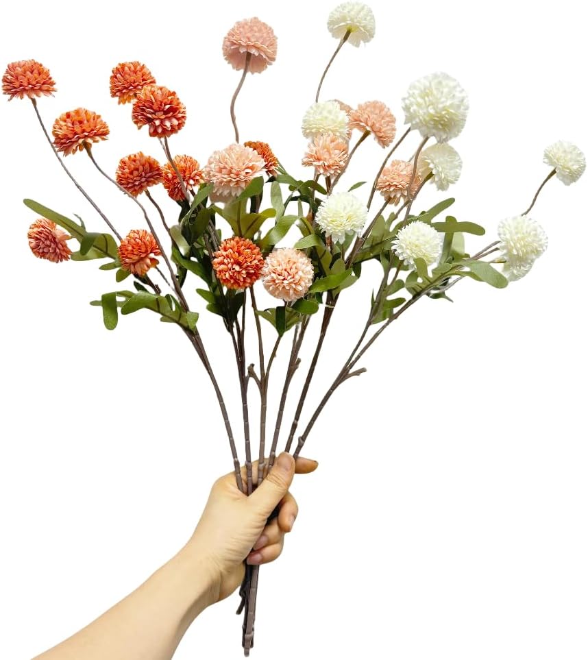 20.5“Silk Flowers with Stems Plastic Flower,Chrysanthemum Flowers Artificial Dandelion,Faux Flower Stems for Wedding Outdoors Party Garden Home Decor (6, Beige)