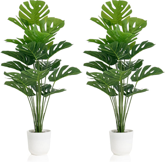 Set of 2 Artificial Monstera Deliciosa Plants in Pots, Fake Tropical Trees with Greenery Leaves Stems, 32 Inch Faux Swiss Cheese Floor Plants for Home Porch, Garden, Office, Store Decor