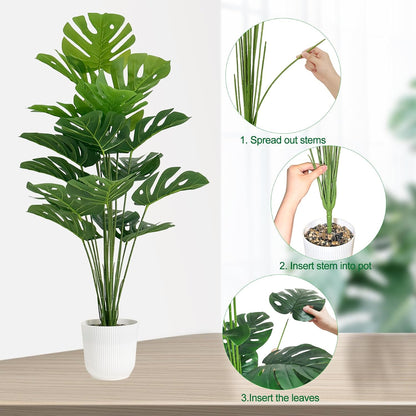 Set of 2 Artificial Monstera Deliciosa Plants in Pots, Fake Tropical Trees with Greenery Leaves Stems, 32 Inch Faux Swiss Cheese Floor Plants for Home Porch, Garden, Office, Store Decor