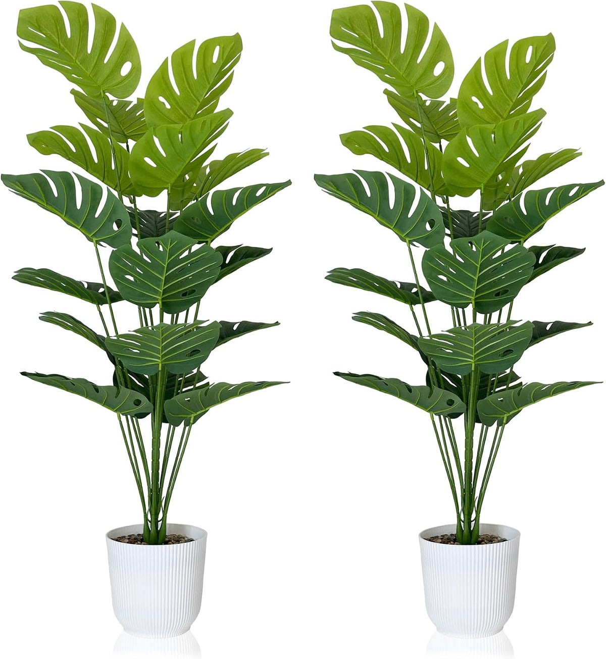 Set of 2 Artificial Monstera Deliciosa Plants in Pots, Fake Tropical Trees with Greenery Leaves Stems, 32 Inch Faux Swiss Cheese Floor Plants for Home Porch, Garden, Office, Store Decor