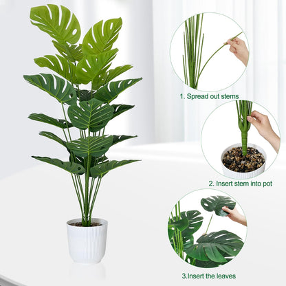 Set of 2 Artificial Monstera Deliciosa Plants in Pots, Fake Tropical Trees with Greenery Leaves Stems, 32 Inch Faux Swiss Cheese Floor Plants for Home Porch, Garden, Office, Store Decor