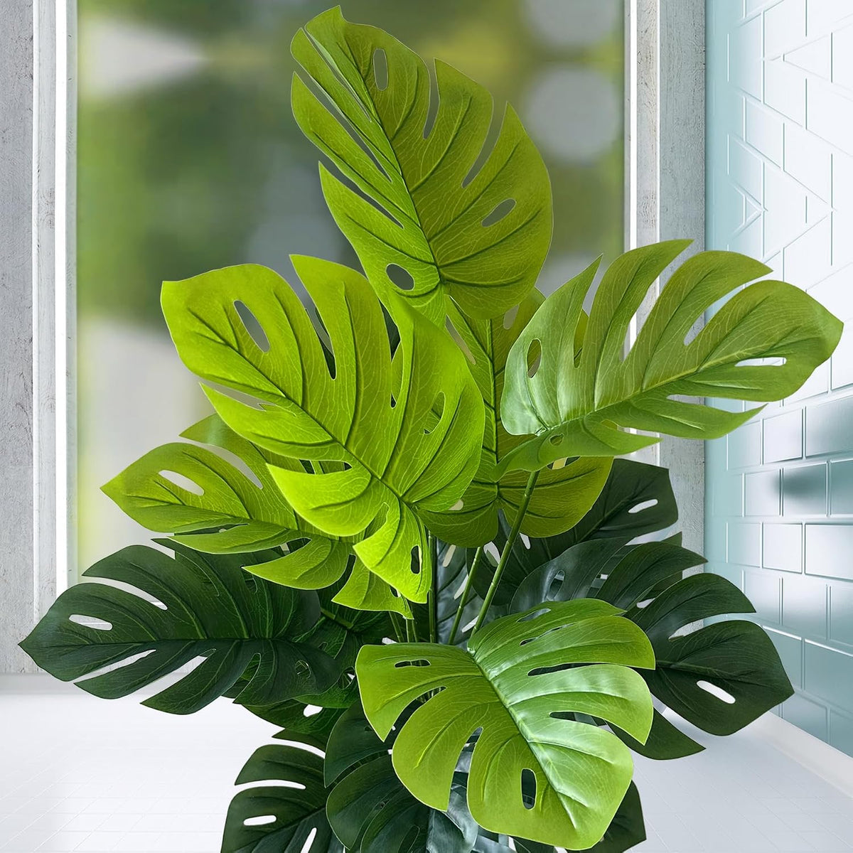 Set of 2 Artificial Monstera Deliciosa Plants in Pots, Fake Tropical Trees with Greenery Leaves Stems, 32 Inch Faux Swiss Cheese Floor Plants for Home Porch, Garden, Office, Store Decor