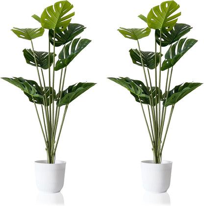 Set of 2 Artificial Monstera Deliciosa Plants in Pots, Fake Tropical Trees with Greenery Leaves Stems, 32 Inch Faux Swiss Cheese Floor Plants for Home Porch, Garden, Office, Store Decor