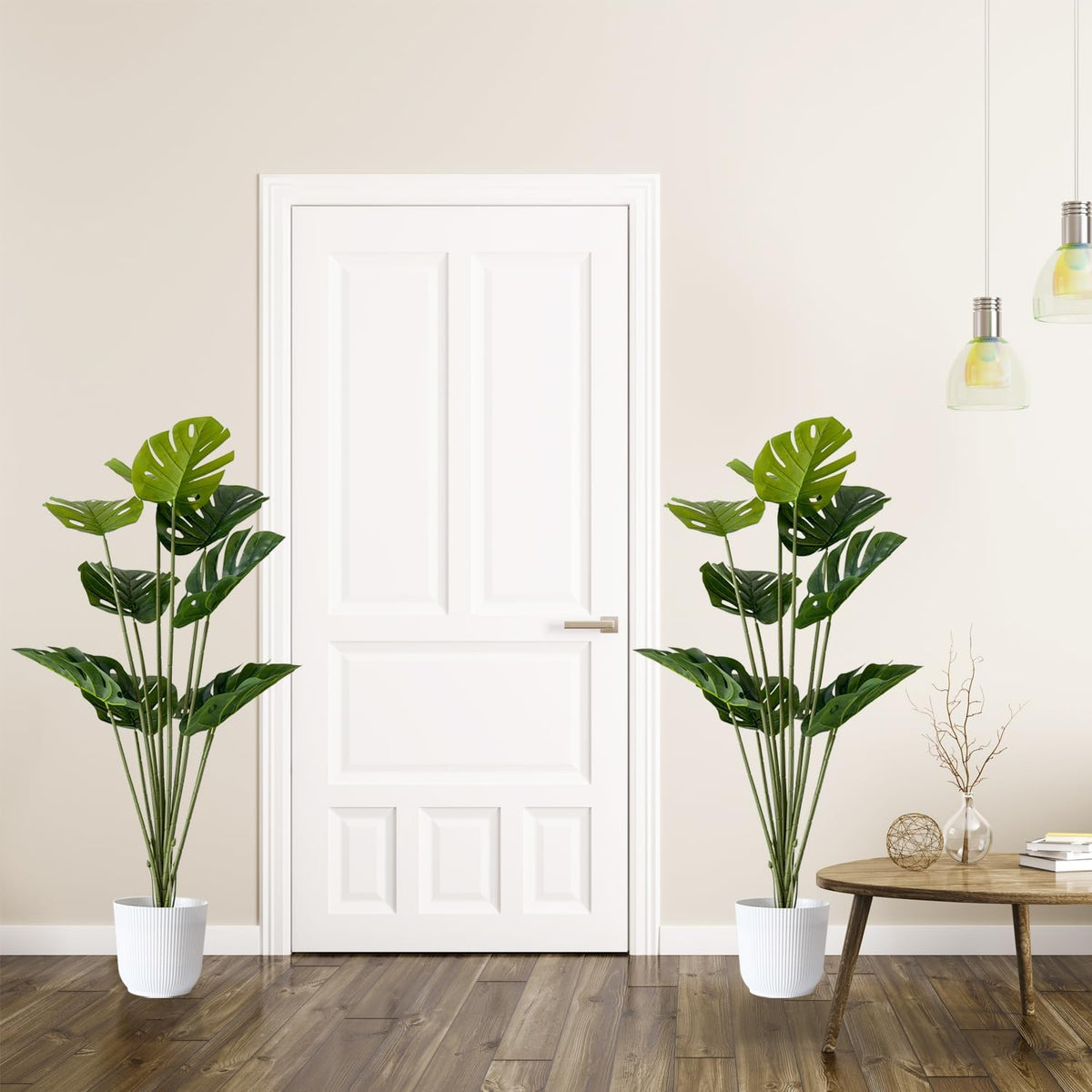 Set of 2 Artificial Monstera Deliciosa Plants in Pots, Fake Tropical Trees with Greenery Leaves Stems, 32 Inch Faux Swiss Cheese Floor Plants for Home Porch, Garden, Office, Store Decor