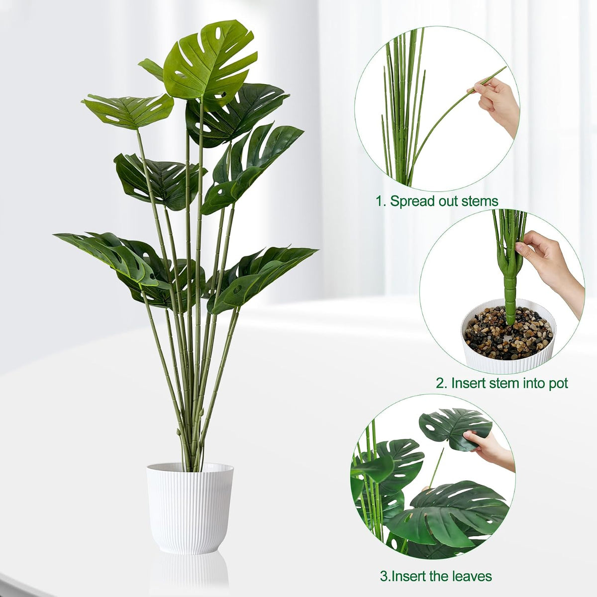 Set of 2 Artificial Monstera Deliciosa Plants in Pots, Fake Tropical Trees with Greenery Leaves Stems, 32 Inch Faux Swiss Cheese Floor Plants for Home Porch, Garden, Office, Store Decor