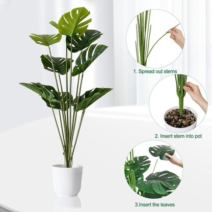Set of 2 Artificial Monstera Deliciosa Plants in Pots, Fake Tropical Trees with Greenery Leaves Stems, 32 Inch Faux Swiss Cheese Floor Plants for Home Porch, Garden, Office, Store Decor