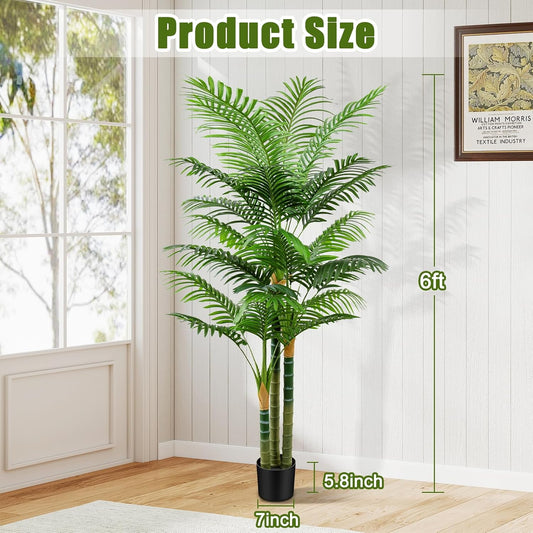 6ft Tall Golden Cane Artificial Tree Palm Outdoor, Large Artificial Plants Outdoor Faux Palm Tree with 3 Textured Trunks, Fake Tree for Indoor Outdoor Office Living Room Outside Patio