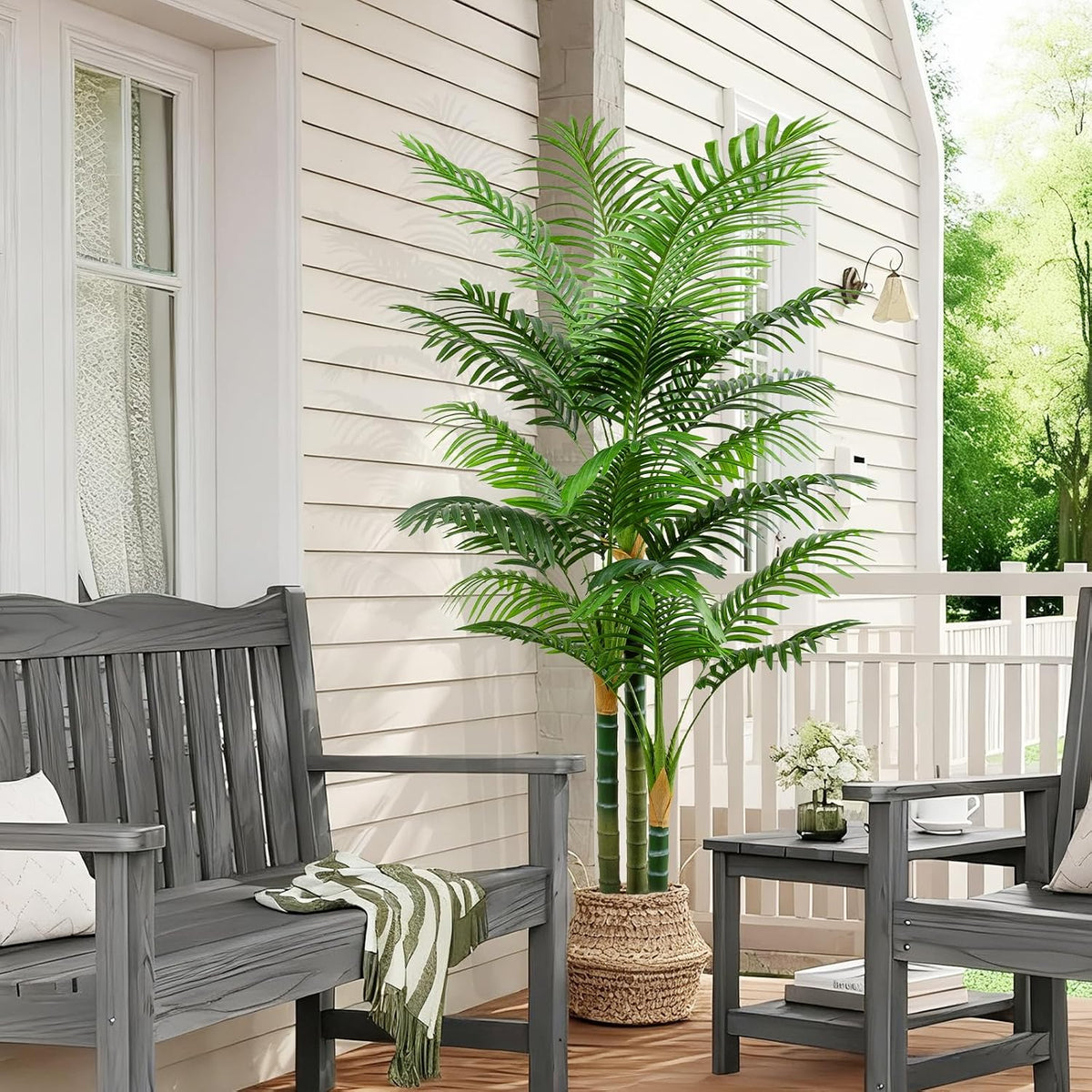 6ft Tall Golden Cane Artificial Tree Palm Outdoor, Large Artificial Plants Outdoor Faux Palm Tree with 3 Textured Trunks, Fake Tree for Indoor Outdoor Office Living Room Outside Patio