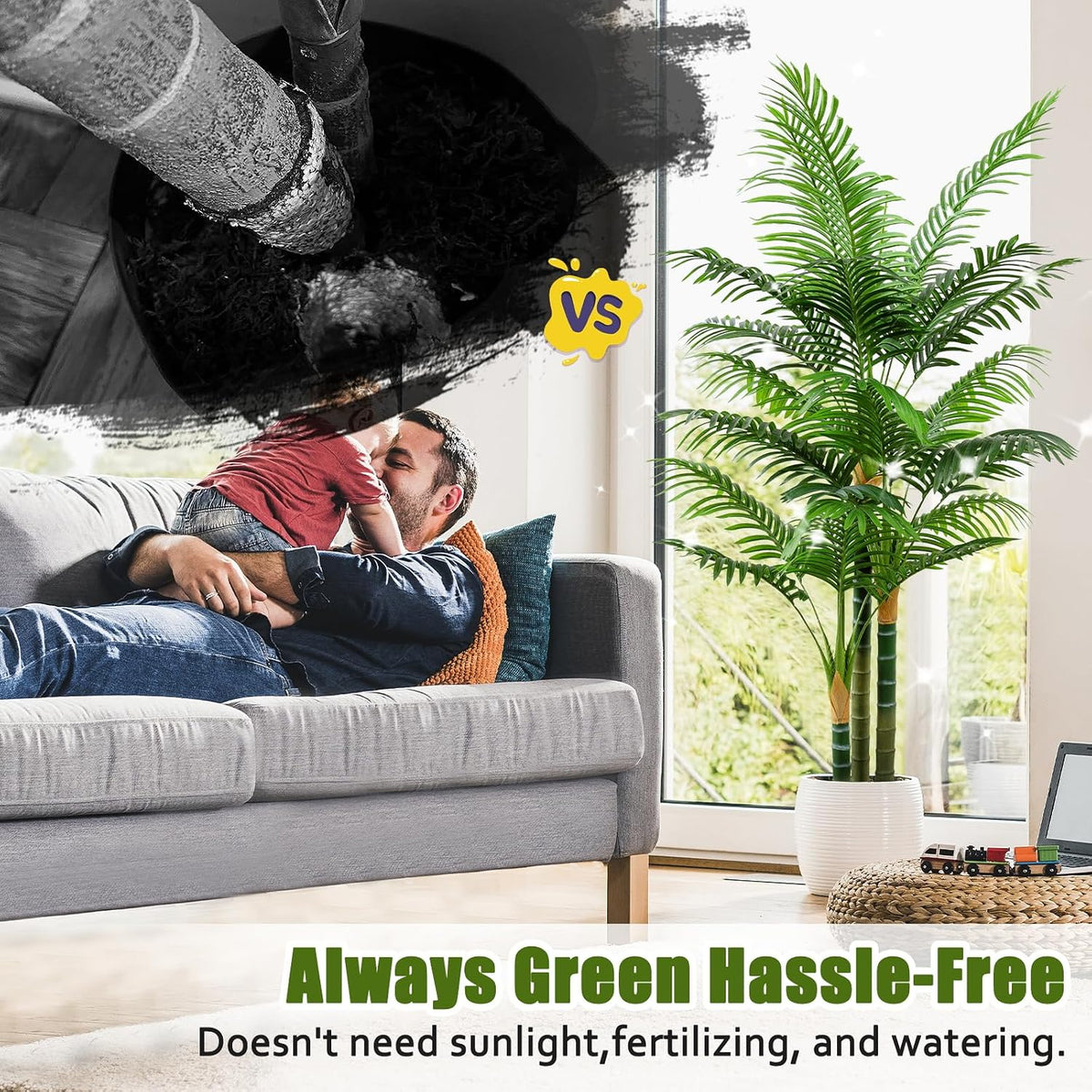 6ft Tall Golden Cane Artificial Tree Palm Outdoor, Large Artificial Plants Outdoor Faux Palm Tree with 3 Textured Trunks, Fake Tree for Indoor Outdoor Office Living Room Outside Patio