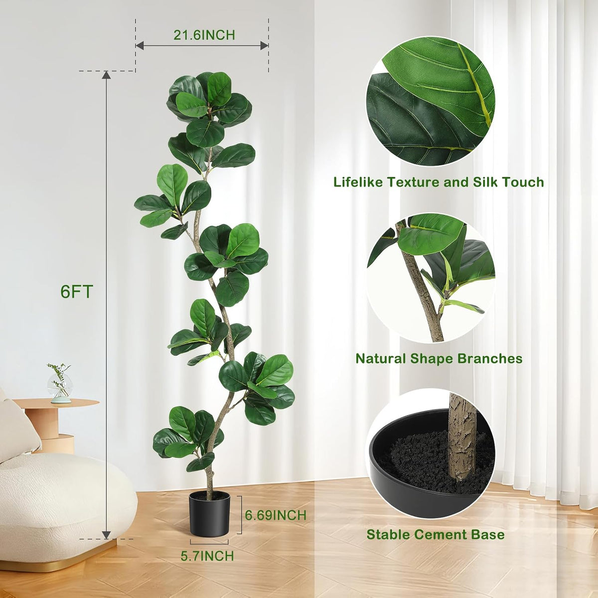6 ft Artificial Fiddle Leaf Fig Tree with Black Nursery Planter
