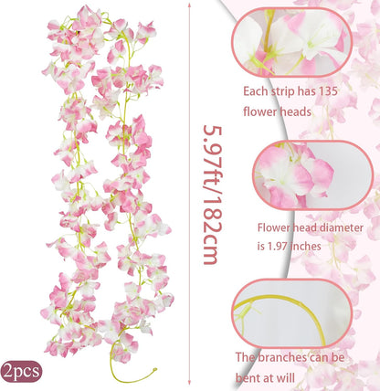 2 Pcs Artificial Bougainvillea Flowers Garland Fake Silk Bougainvilleas Vines Trailing Fuchsia Faux Hanging Flowers Plants Bougainvillea Artificial for Porch Wedding Arch Spring Summer Decor