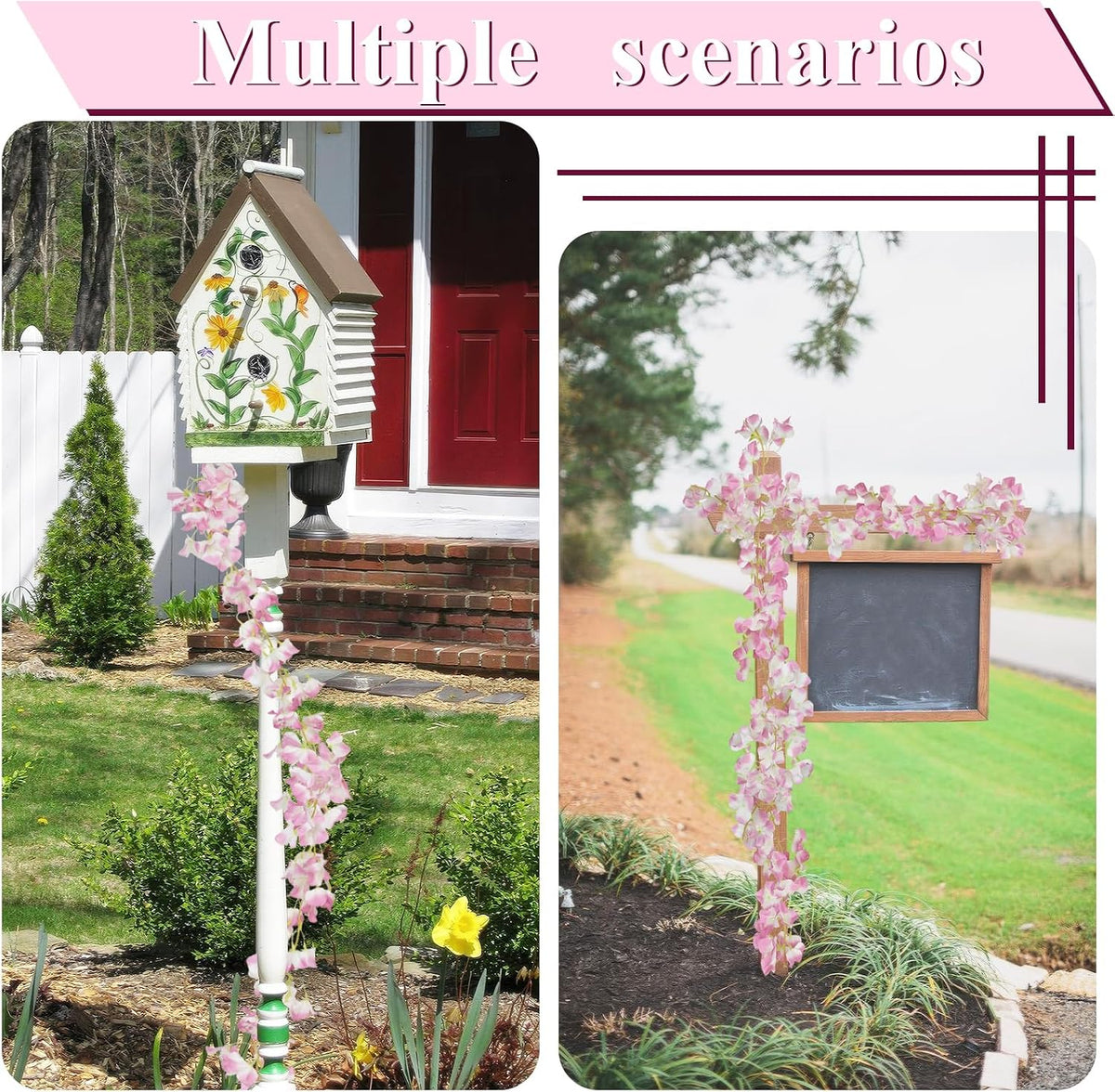 2 Pcs Artificial Bougainvillea Flowers Garland Fake Silk Bougainvilleas Vines Trailing Fuchsia Faux Hanging Flowers Plants Bougainvillea Artificial for Porch Wedding Arch Spring Summer Decor