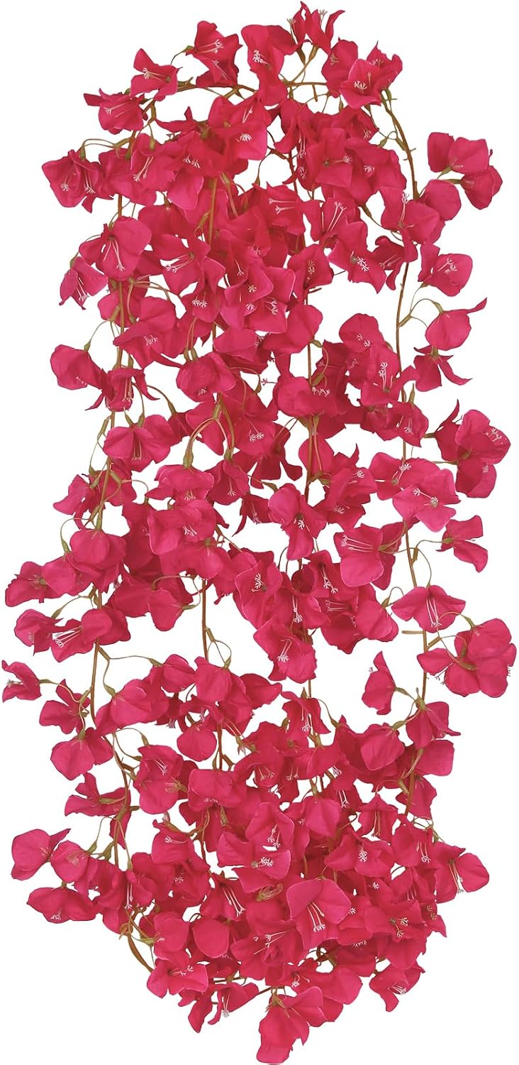2 Pcs Artificial Bougainvillea Flowers Garland Fake Silk Bougainvilleas Vines Trailing Fuchsia Faux Hanging Flowers Plants Bougainvillea Artificial for Porch Wedding Arch Spring Summer Decor