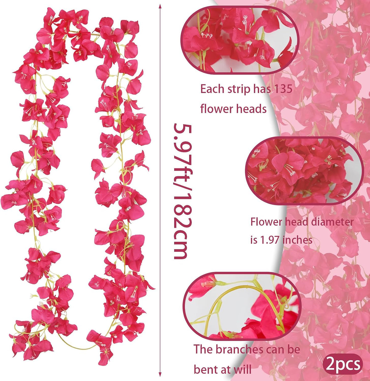 2 Pcs Artificial Bougainvillea Flowers Garland Fake Silk Bougainvilleas Vines Trailing Fuchsia Faux Hanging Flowers Plants Bougainvillea Artificial for Porch Wedding Arch Spring Summer Decor