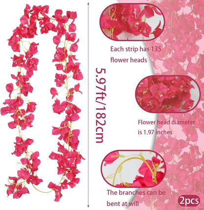2 Pcs Artificial Bougainvillea Flowers Garland Fake Silk Bougainvilleas Vines Trailing Fuchsia Faux Hanging Flowers Plants Bougainvillea Artificial for Porch Wedding Arch Spring Summer Decor
