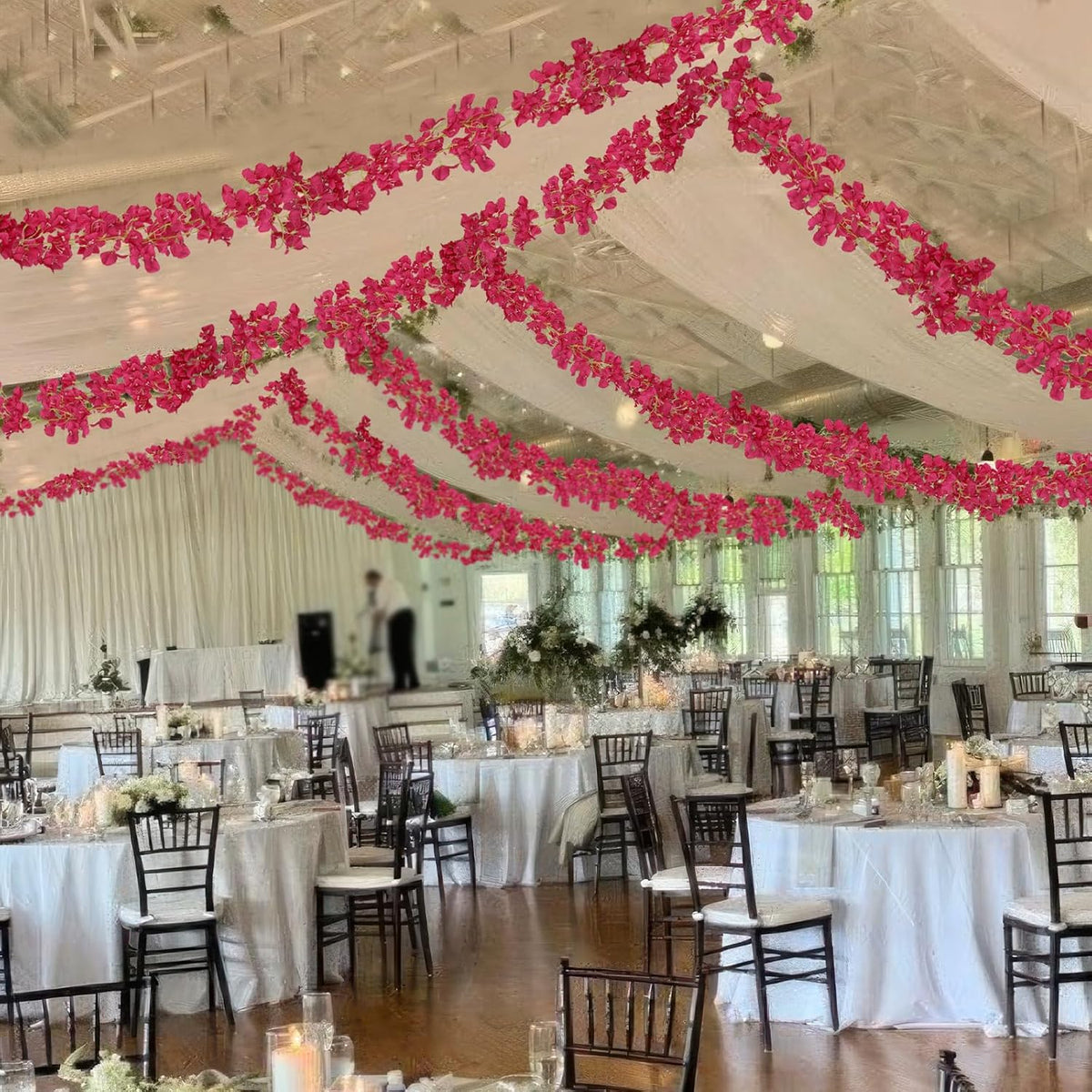 2 Pcs Artificial Bougainvillea Flowers Garland Fake Silk Bougainvilleas Vines Trailing Fuchsia Faux Hanging Flowers Plants Bougainvillea Artificial for Porch Wedding Arch Spring Summer Decor