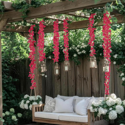 2 Pcs Artificial Bougainvillea Flowers Garland Fake Silk Bougainvilleas Vines Trailing Fuchsia Faux Hanging Flowers Plants Bougainvillea Artificial for Porch Wedding Arch Spring Summer Decor