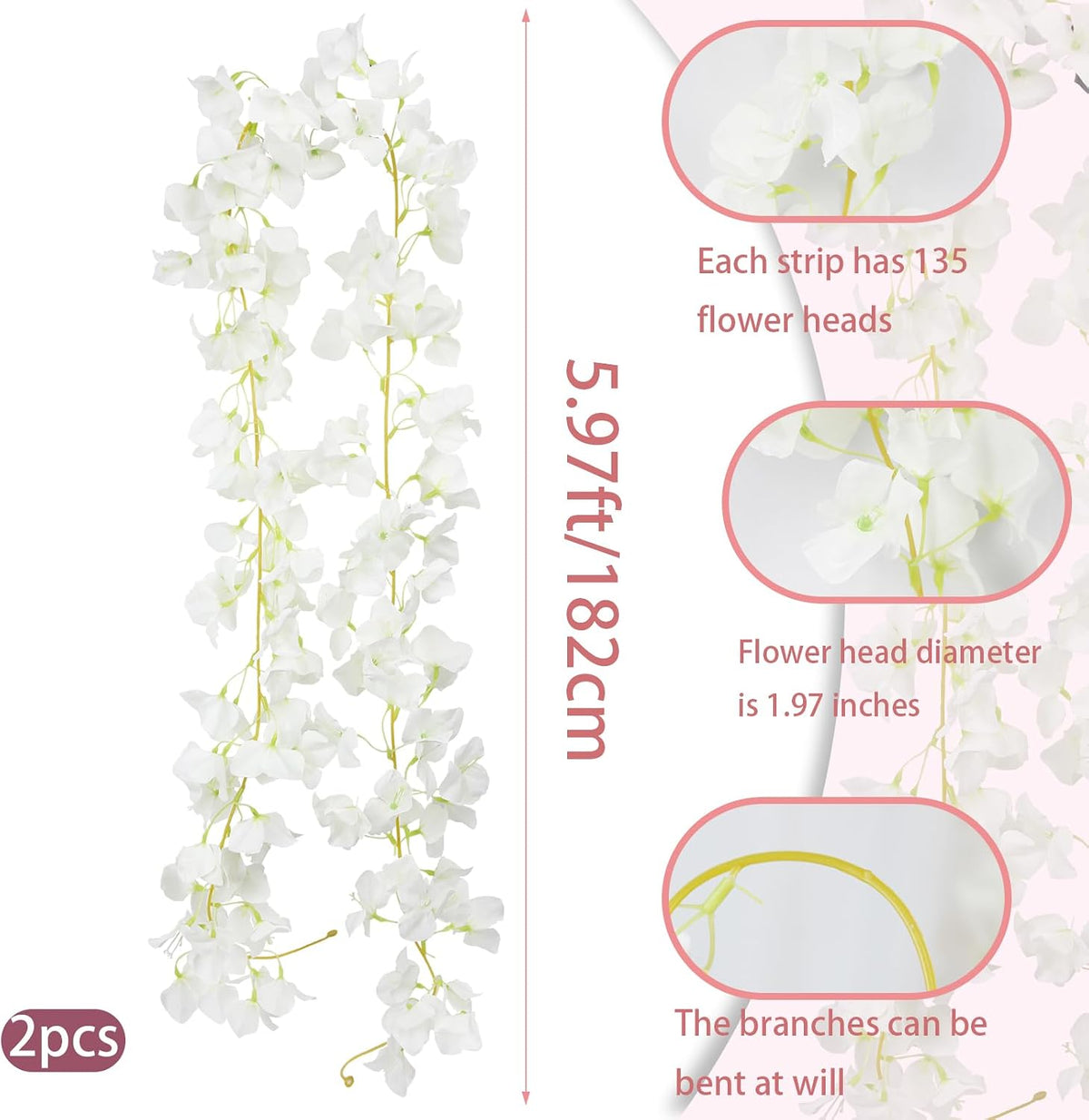 2 Pcs Artificial Bougainvillea Flowers Garland Fake Silk Bougainvilleas Vines Trailing Fuchsia Faux Hanging Flowers Plants Bougainvillea Artificial for Porch Wedding Arch Spring Summer Decor