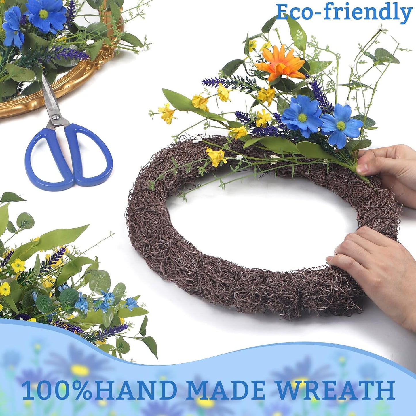 Yellow forsythia Door Wreath, 24 Inch Summer Wreaths for Front Door Outside, Hand Made Artificial Forsythia Flower Wreath for Front Door Window Wall Farmhouse Home Gift