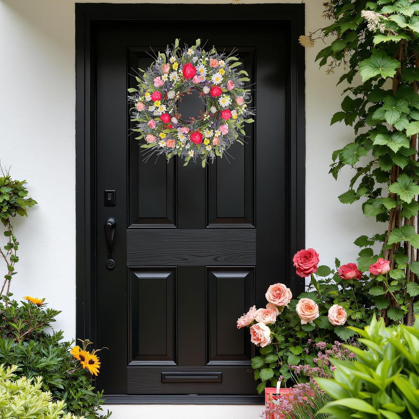 Yellow forsythia Door Wreath, 24 Inch Summer Wreaths for Front Door Outside, Hand Made Artificial Forsythia Flower Wreath for Front Door Window Wall Farmhouse Home Gift