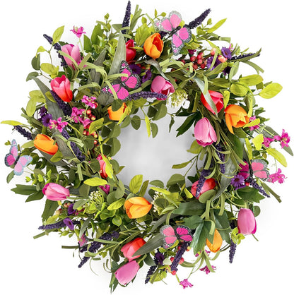 Yellow forsythia Door Wreath, 24 Inch Summer Wreaths for Front Door Outside, Hand Made Artificial Forsythia Flower Wreath for Front Door Window Wall Farmhouse Home Gift