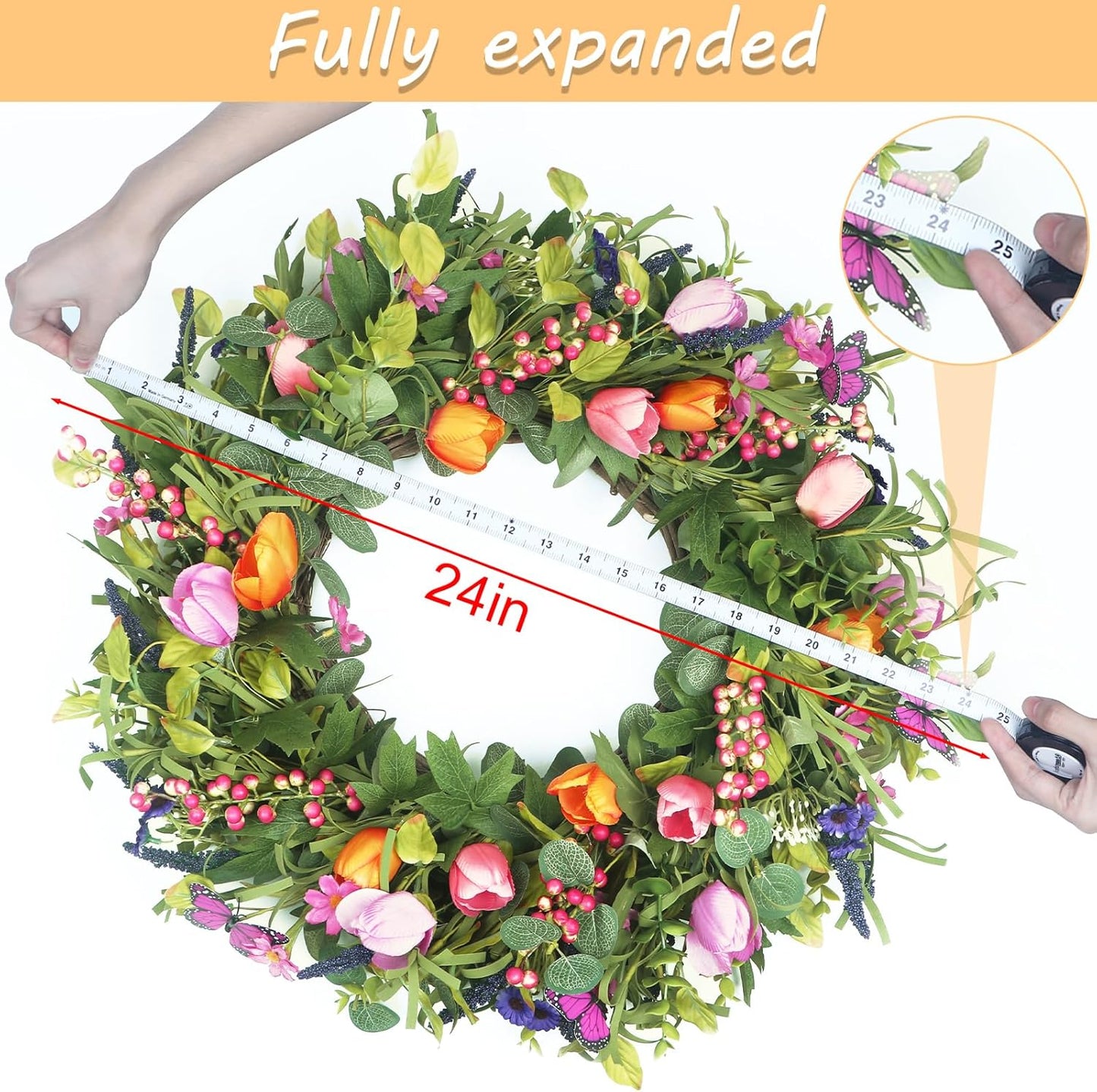 Yellow forsythia Door Wreath, 24 Inch Summer Wreaths for Front Door Outside, Hand Made Artificial Forsythia Flower Wreath for Front Door Window Wall Farmhouse Home Gift