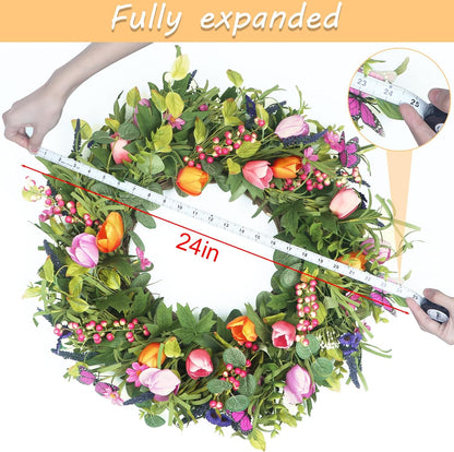 Yellow forsythia Door Wreath, 24 Inch Summer Wreaths for Front Door Outside, Hand Made Artificial Forsythia Flower Wreath for Front Door Window Wall Farmhouse Home Gift