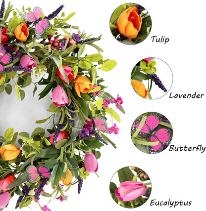 Yellow forsythia Door Wreath, 24 Inch Summer Wreaths for Front Door Outside, Hand Made Artificial Forsythia Flower Wreath for Front Door Window Wall Farmhouse Home Gift