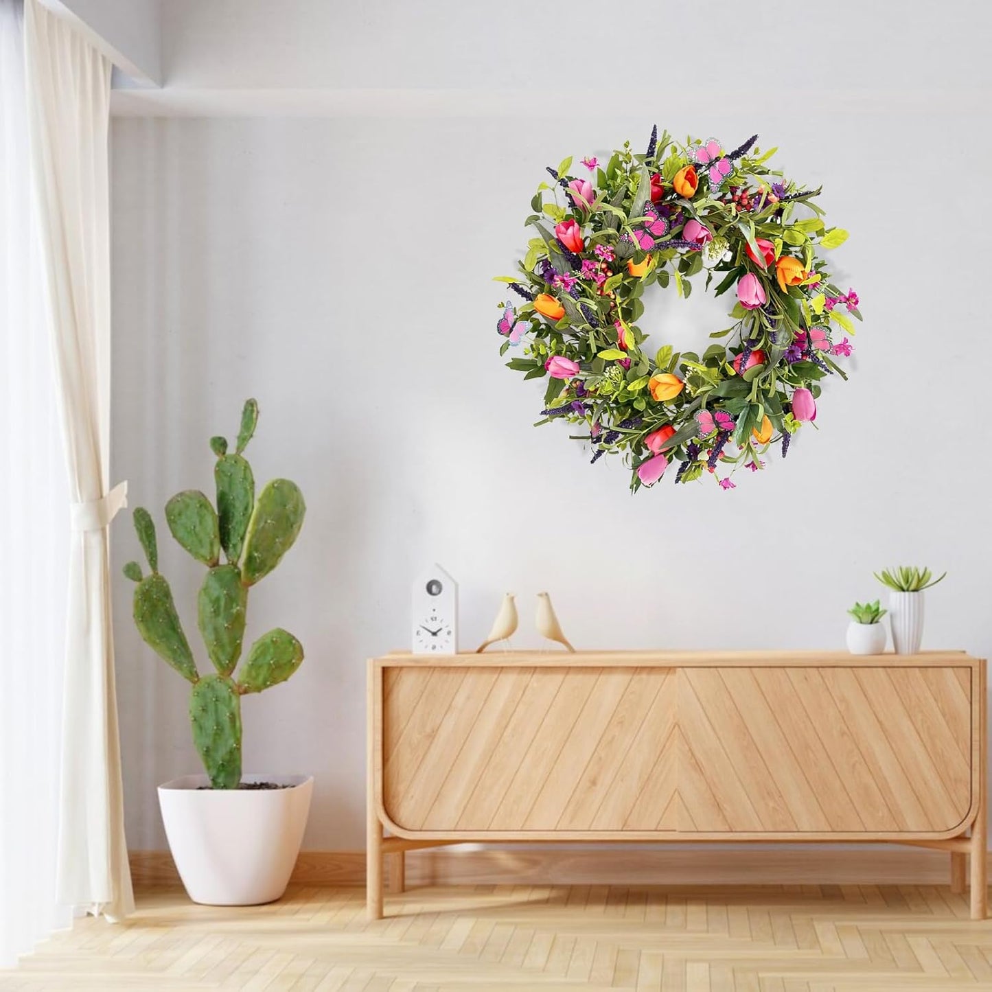 Yellow forsythia Door Wreath, 24 Inch Summer Wreaths for Front Door Outside, Hand Made Artificial Forsythia Flower Wreath for Front Door Window Wall Farmhouse Home Gift