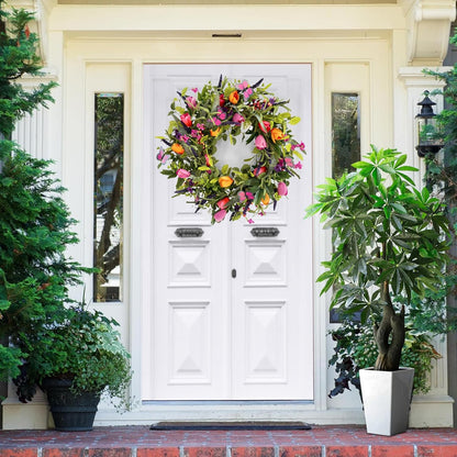 Yellow forsythia Door Wreath, 24 Inch Summer Wreaths for Front Door Outside, Hand Made Artificial Forsythia Flower Wreath for Front Door Window Wall Farmhouse Home Gift