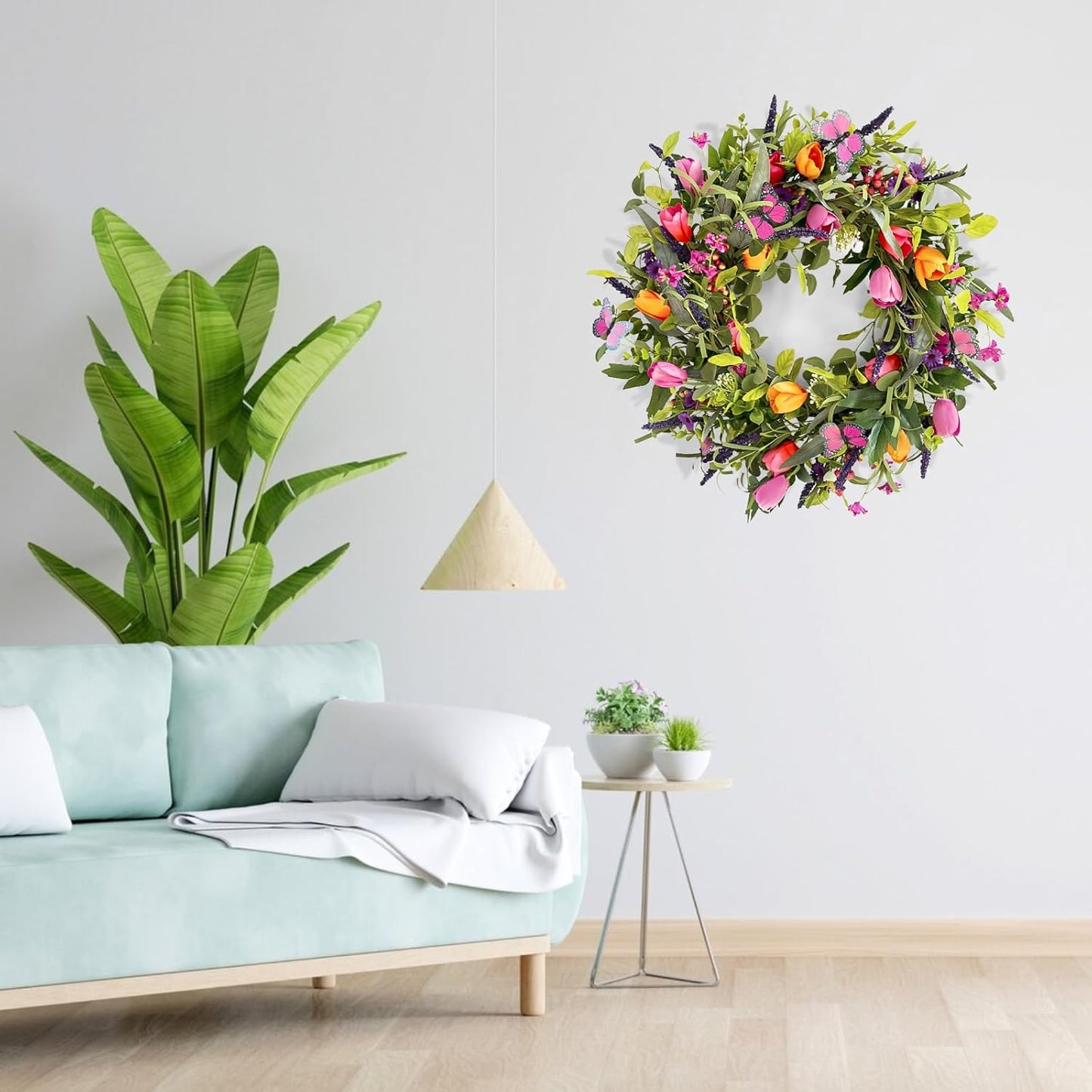 Yellow forsythia Door Wreath, 24 Inch Summer Wreaths for Front Door Outside, Hand Made Artificial Forsythia Flower Wreath for Front Door Window Wall Farmhouse Home Gift