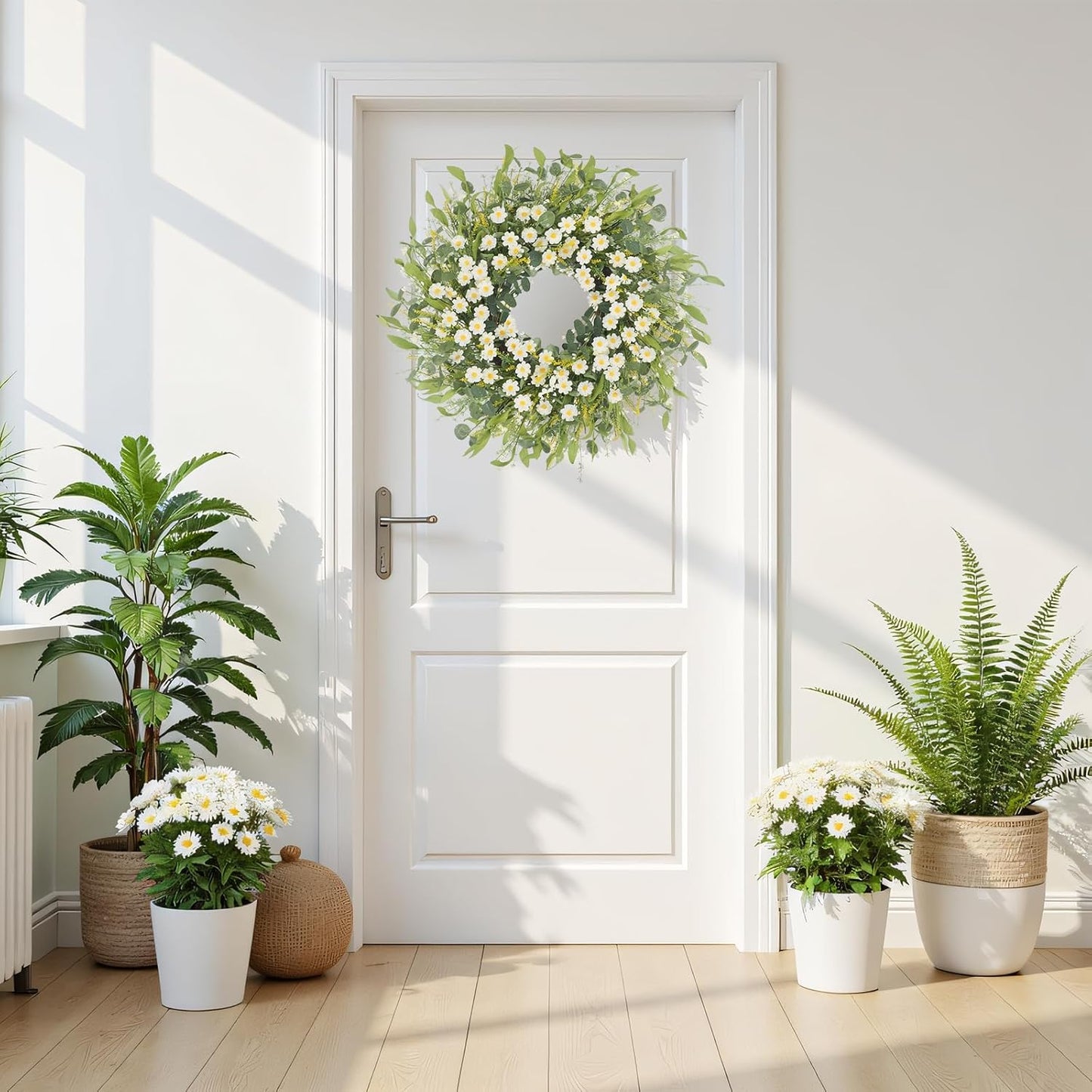 Yellow forsythia Door Wreath, 24 Inch Summer Wreaths for Front Door Outside, Hand Made Artificial Forsythia Flower Wreath for Front Door Window Wall Farmhouse Home Gift