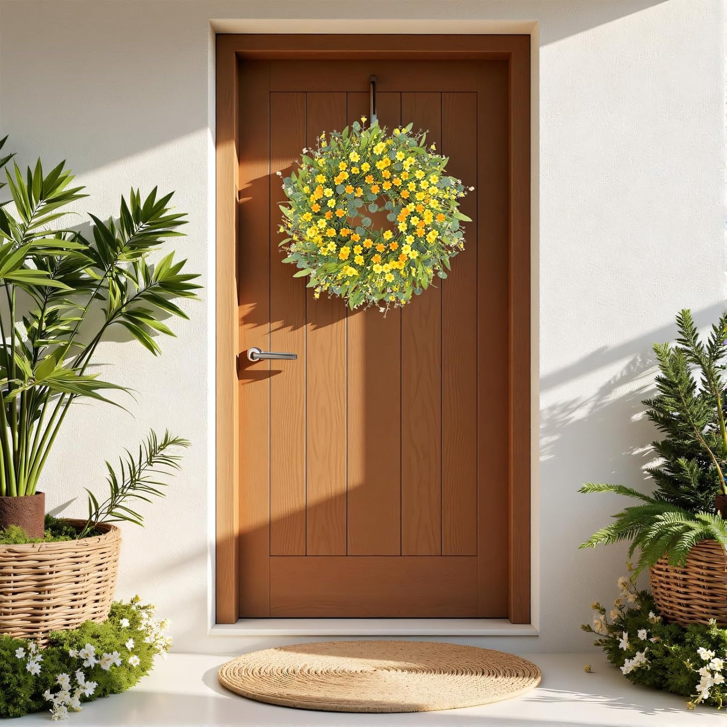 Yellow forsythia Door Wreath, 24 Inch Summer Wreaths for Front Door Outside, Hand Made Artificial Forsythia Flower Wreath for Front Door Window Wall Farmhouse Home Gift