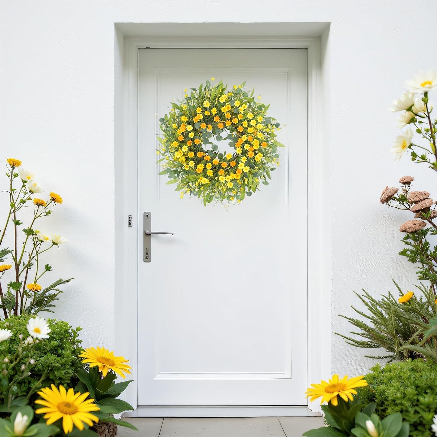 Yellow forsythia Door Wreath, 24 Inch Summer Wreaths for Front Door Outside, Hand Made Artificial Forsythia Flower Wreath for Front Door Window Wall Farmhouse Home Gift