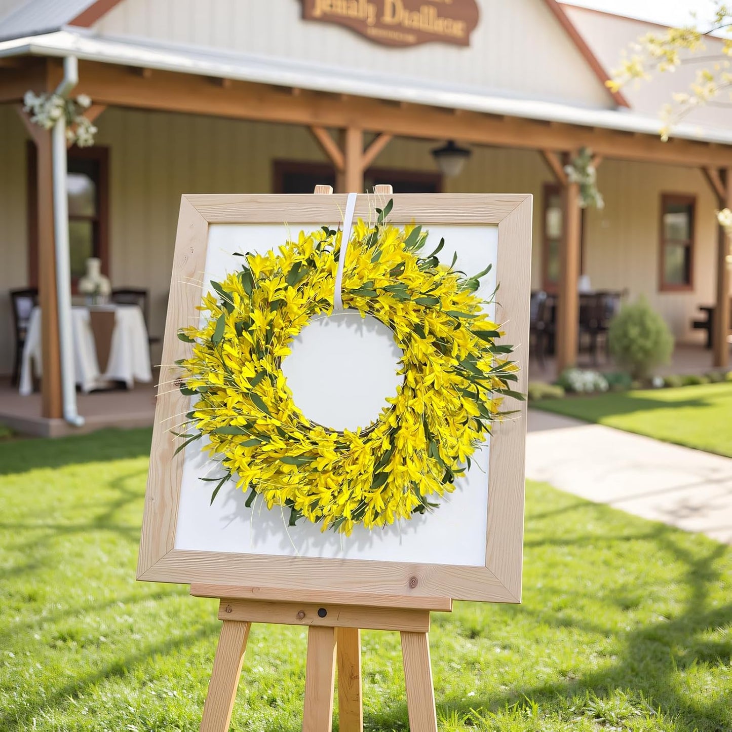 Yellow forsythia Door Wreath, 24 Inch Summer Wreaths for Front Door Outside, Hand Made Artificial Forsythia Flower Wreath for Front Door Window Wall Farmhouse Home Gift